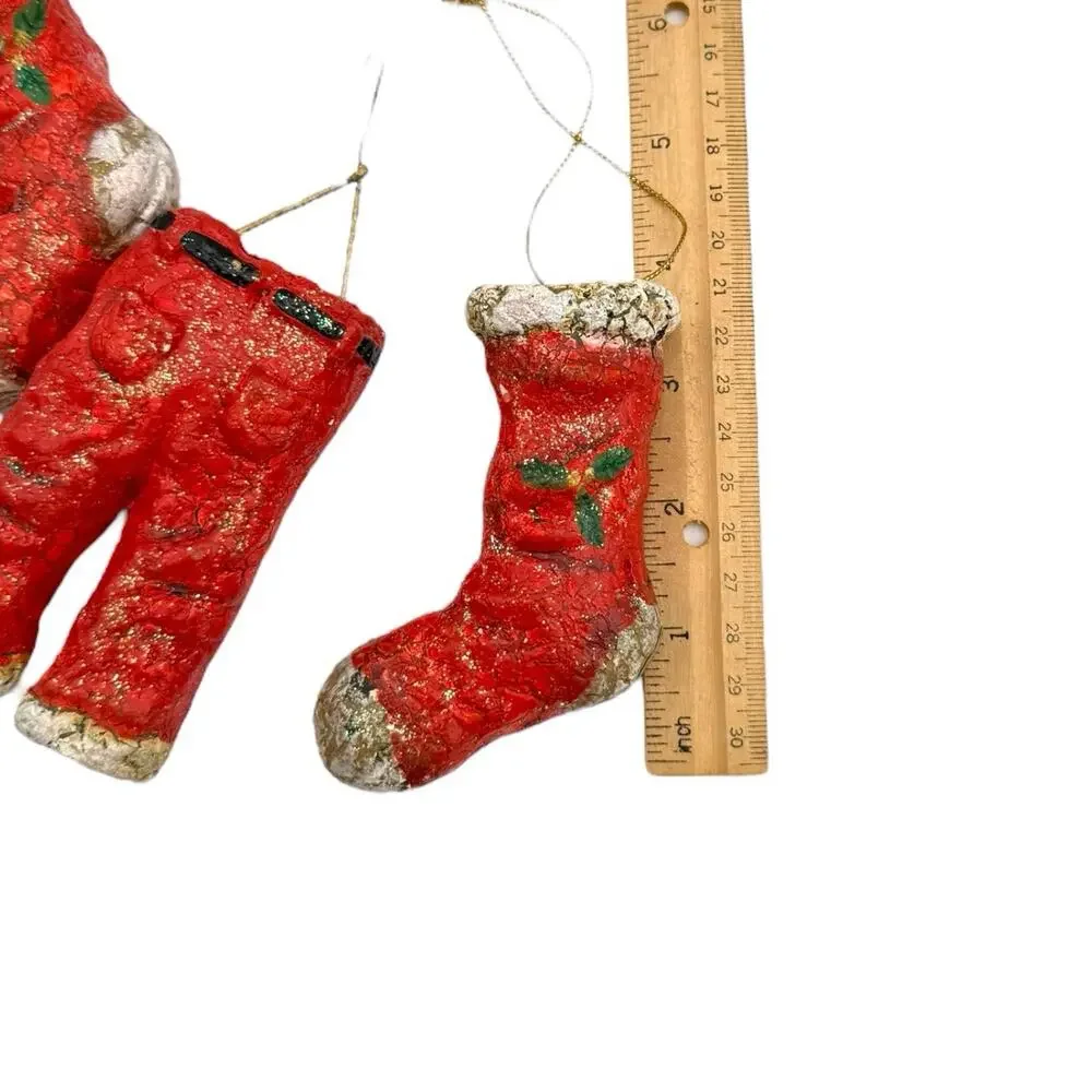 Set of 5 Santa Clothes Christmas Ornaments Red White Resin‎ Light Glitter EUC